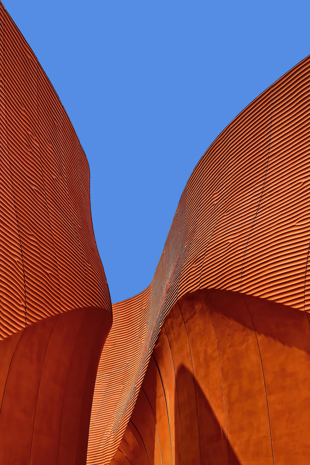 Terracotta-toned ribbed masonry curving against the sky