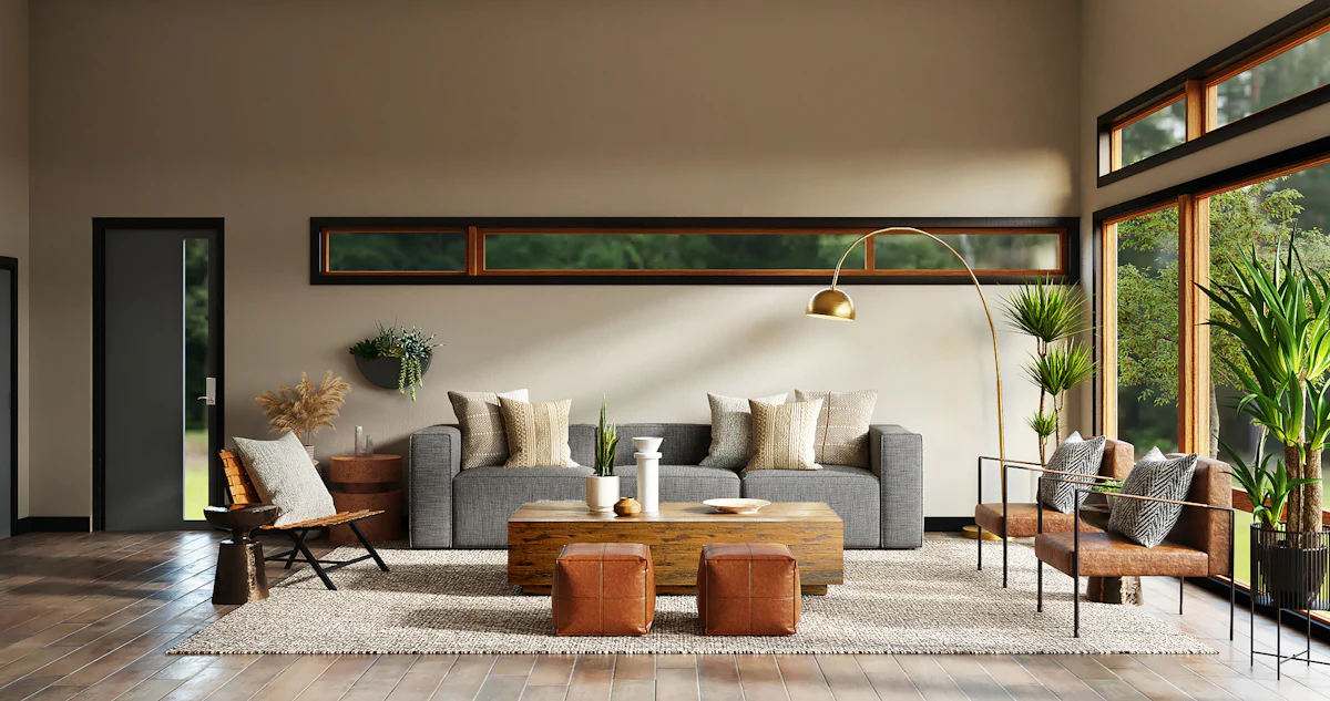 The living room — full-height glazing to the ravine canopy under a clerestory ribbon